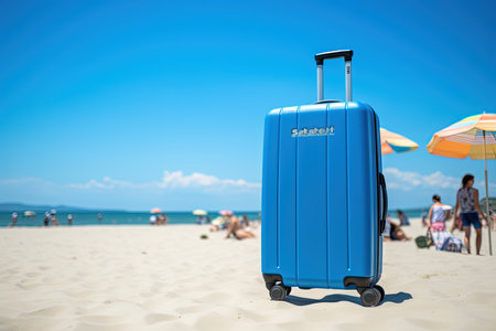 Blue travel luggage on the beach. Summer vacation. Generative AI.の素材