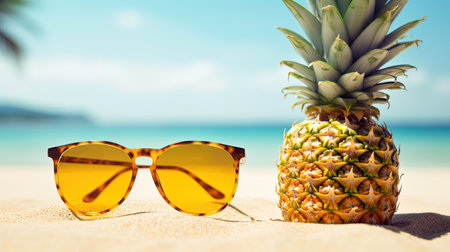 Sunglasses and pineapple on the beach. Summer feelings, tropical holidays, vacation concept. Generative AI.の写真素材
