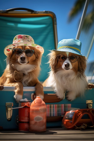 Two cool dogs with sun glasses at the beach.Vacation concept, summer feelings. Generative AI.の写真素材