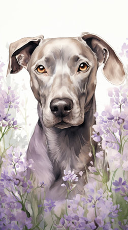 Happy greyhound illustration and flowers. Watercolor. Generative AI.の写真素材