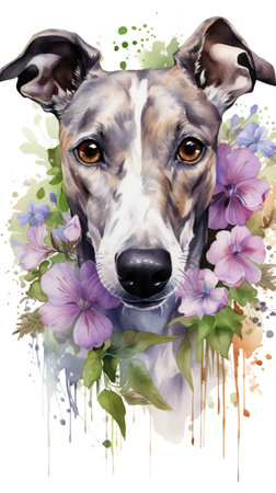 Happy greyhound illustration and flowers. Watercolor. Generative AI.の写真素材
