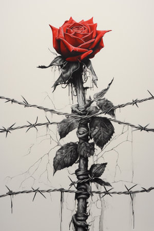 A red rose tied with barbed wire. Concept art. Tattoo. Generative AI.の写真素材