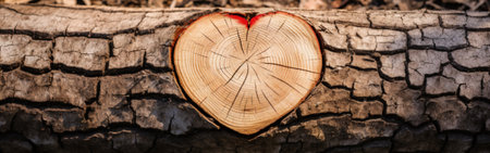 A wooden heart sawn from a tree. Generative AI.の素材