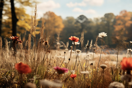 Beautiful autumn flowers in the late afternoon sun of an autumn day. Generative AI.の素材