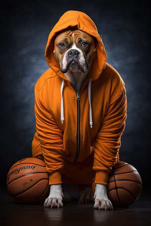 Portrait of a dog in a basketball outfit. Funny animals. Generative AI.の写真素材
