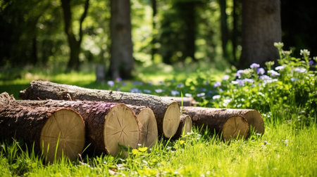 Sawed off tree trunks in the forest. Generative AI.の素材