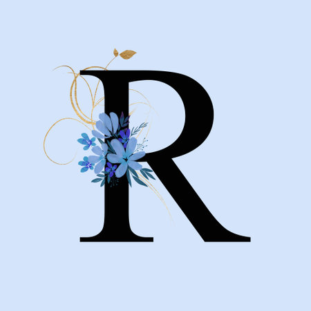 Capital letter R decorated with blue flowers and golden swirls. Letter of the English alphabet with floral decoration. floral letteringの写真素材