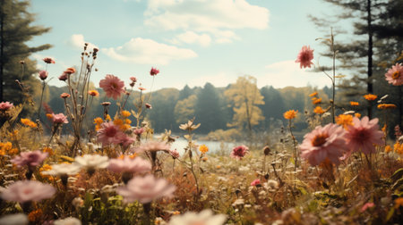 Beautiful autumn flowers in the late afternoon sun of an autumn day. Generative AI.の素材
