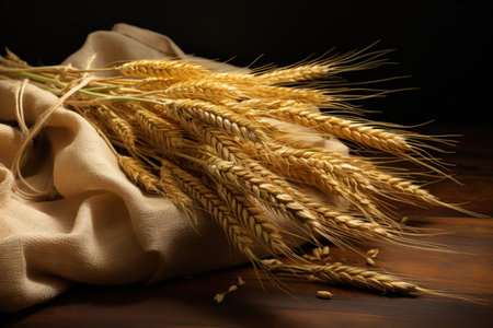 Still life with golden ears of wheat on a table. Generative AI.の写真素材