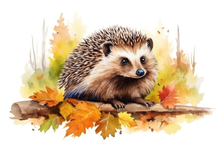 Watercolor painting of e hedgehog in autumn between autumn leaves. Generative AI.の写真素材