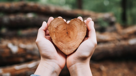 Holding a wooden heart in the hands. Love naturally. Generative AI.