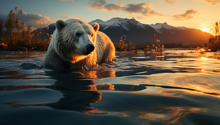 A polar bear stands in the water. Generative AI.の素材