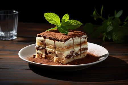 Composition with tiramisu cake on table against dark background. Generative AI.