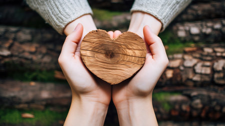 Holding a wooden heart in the hands. Love naturally. Generative AI.の写真素材