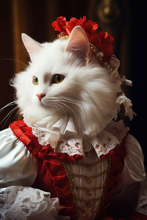 White cat wearing red filigree detailed rococo costume. Generative AI.の写真素材