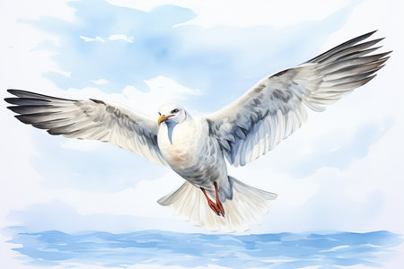 Flying seagull over the sea. Watercolor bird illustration. Generative AIの素材