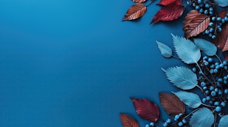 Blue background with colorful autumn leaves and berries. Generative AI.の素材