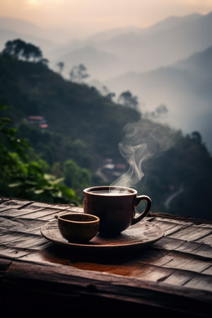 A cup of tea and a teapot against the backdrop of a beautiful european landscape. Generative AI.の素材