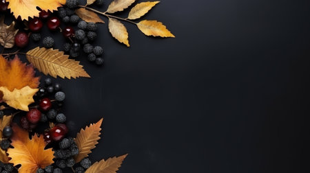 Black background with yellow leaves and berries. Generative AI.の素材