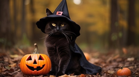 Black cat with witch costume and halloween pumpkin in autumn forest. Generative AI.の素材