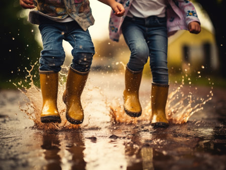Kids wearing raining boots play puddle with blurry background. Generative AI.の素材