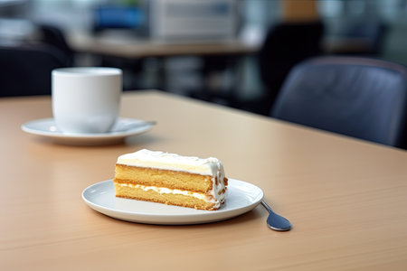 A tasty piece of cake on the desk in the office. Generative AI.の素材