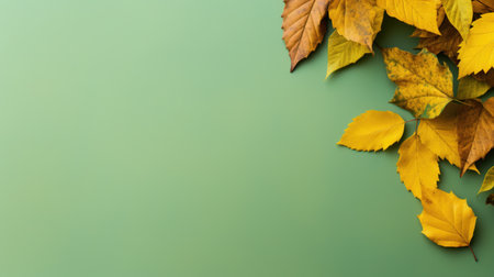 Green background with yellow autumn leaves and copy space. Generative AI.の素材