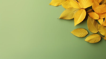 Green background with yellow autumn leaves and copy space. Generative AI.の素材