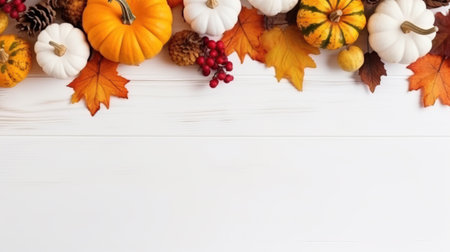White wooden background with colorful autumn leaves and pumpkins. Copy space. Generative AI.の素材