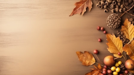 Wooden background with colorful autumn leaves and berries. Generative AI.の素材