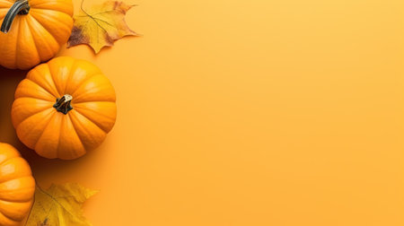 Yellow Thanksgiving or Halloween background with pumpkins and copy space. Generative AI.の素材