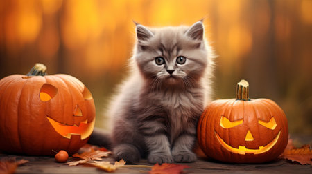 A cute kitten in a black Halloween with pumpkins and autumn background. Generative AI.の写真素材
