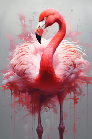 Digital watercolor painting of a red flamingo, gray background. Bird illustration.の写真素材