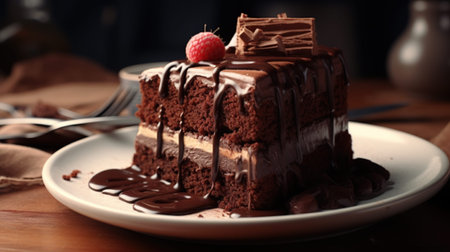 Plate with slice of tasty homemade chocolate cake on tableの写真素材