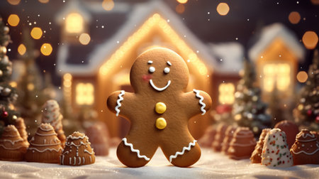 A Cute Smiling Gingerbread Man Against His Cozy Gingerbread Houseの写真素材