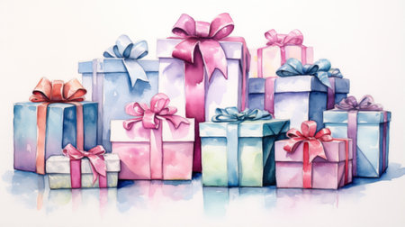 Lots of Christmas wrapped gifts in watercolor. Seasons greetings.の写真素材