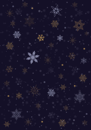 Snow background. Blue Christmas snowfall with defocused flakes. Winter concept with falling snow. Holiday texture, white and golden snowflakesの写真素材