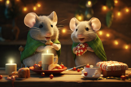 Two cute mice are having Christmas dinner. Seasons greetings.の写真素材