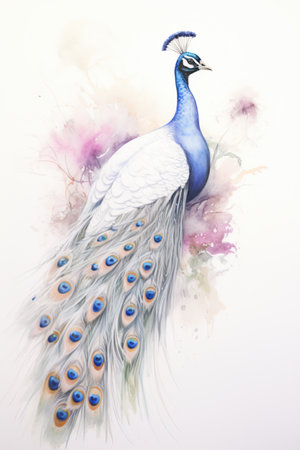 Beautiful peacock in pale colors, watercolor, animal illustration.の素材