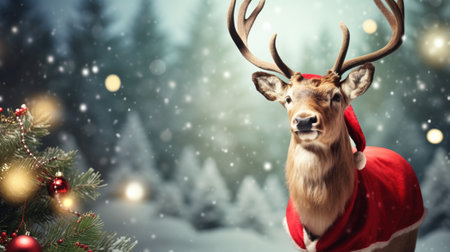A deer with christmas decorations in a winter wonderland. Christmas card.の写真素材