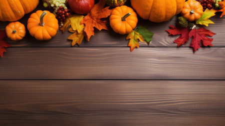 Rural wooden autumn background with a frame from colored leaves and pumpkins