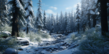 Winter forest in the snow. Snow covered trees in the winter.の写真素材
