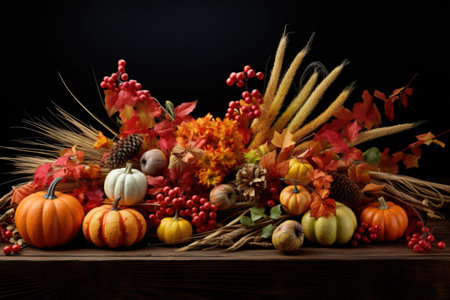 Beautiful colorful autumn decoration with pumpkins and autumn leaves on a table.