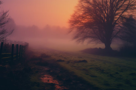 Minimalistic misty autumn landscape . Sunrise over misty fields.