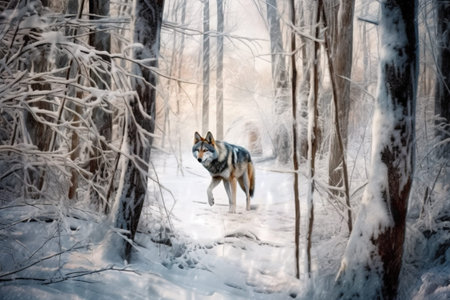 Gray wolf walks through a snowy winter forest. European wolf in natural habitat. Wildlife
