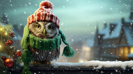 A cute owl with bubble hat and thick shawl outside in the snowの写真素材