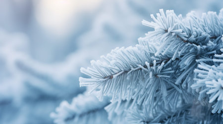 Idyllic winter scene background with snowy fir tree. Industries covered with hoarfrost