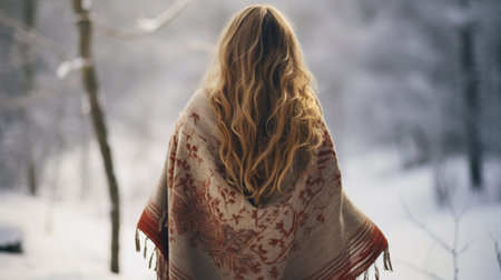 A beautiful blond girl in a thick poncho outside in the snow