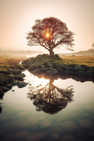 Minimalist landscape with bare tree in late autumn or winterの写真素材