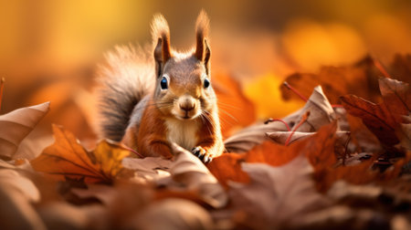 A cute squirrel playing in a pile of autumn leaves. Hello autumnの写真素材